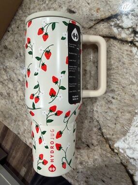 HydroJug Cream Travel Mug with Red Strawberry Print and Green Leaves